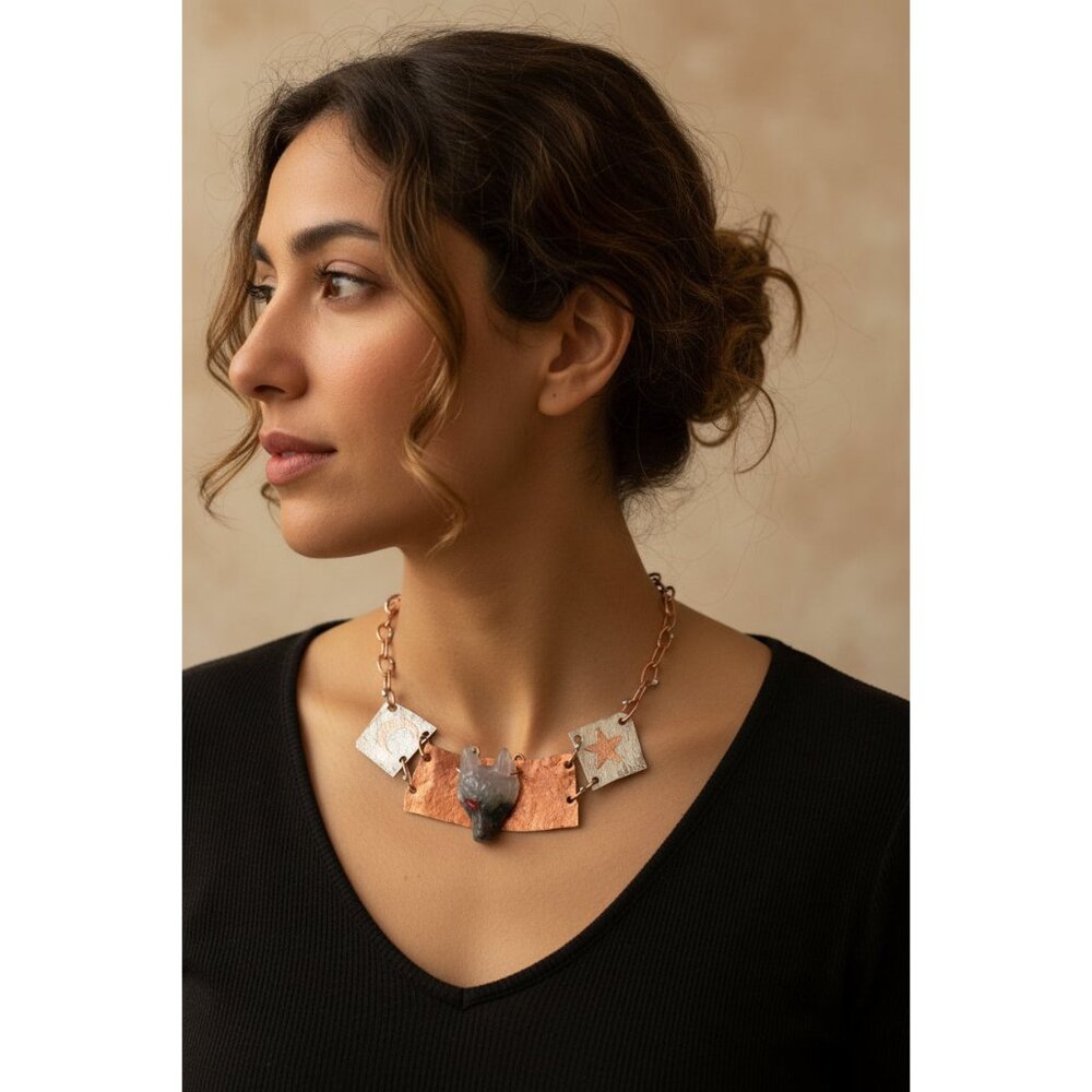 Handcrafted Bloodstone Wolf Necklace Upcycled Copper & Silver Statement Jewelry